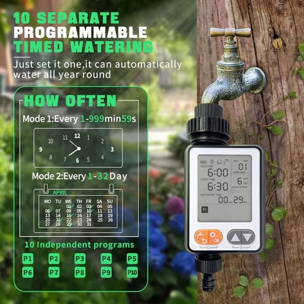 Hageslange Timer, 10 Programmerbare Vanningsur med Automatisk Regnforsinkelse, IP67 Vanntett Dryppvanningssystem