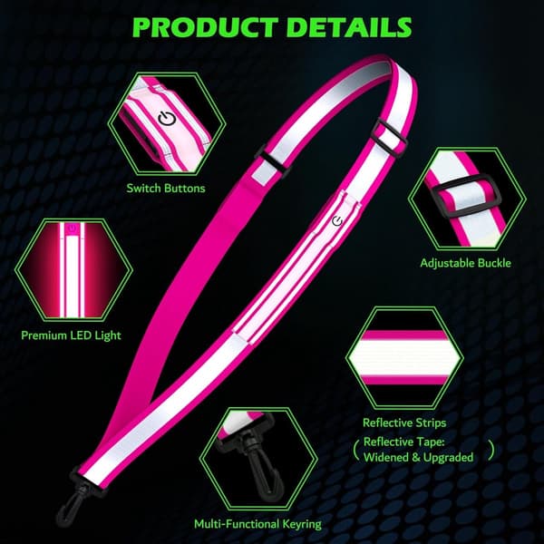 LED Reflekterende Skulderstropp, USB Oppladbar, 3 Lysmoduser, Justerbar 130-154 cm, For Nattløping, Turgåing Og Sykling, Rosa