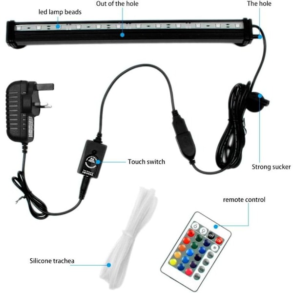 Vandtæt Akvarielys med Fjernbetjening 5050 LED Farveskiftende med 24-Tasters Controller til Ferskvands- og Saltvandsakvarium 30cm..DEBUNS