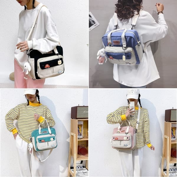 IC Söt studentväska Kawaii japansk väska Multifunktionell laptop Estetisk ryggsäck för tonårsflickor Barn messengerväska Lunchväska, svart//vit