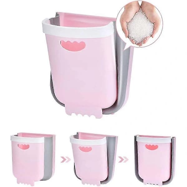 Wall-mounted kitchen waste bin for cabinets, hanging/foldable, for collecting vegetable peels (pink)