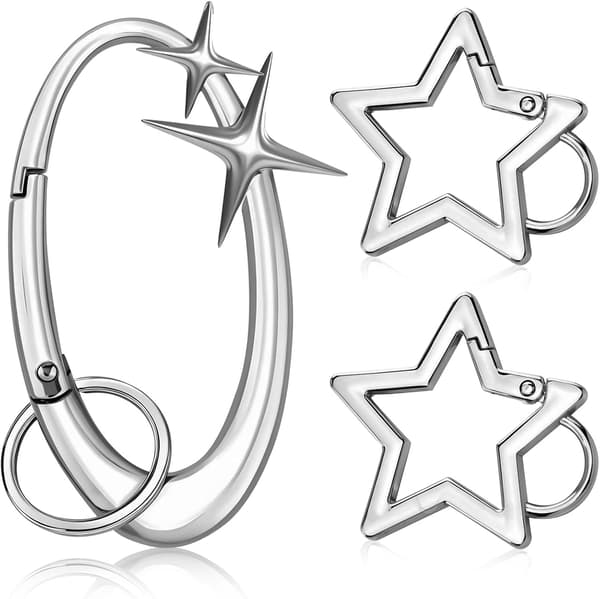 3-pack stjärnformade karbinhake-nyckelringar, glänsande nyckelringsklämmor i legering för bilnycklar, handväskor, ryggsäckar, plånböcker och väskberlocker, silver