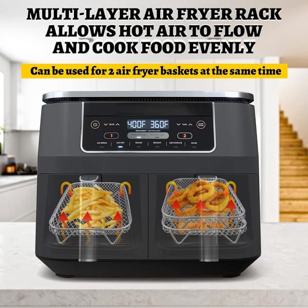 Sæt - med - 8 - dele - stativ - Rist - rustfrit - stål - Rektangulær - kurvbakke - klemmer - airfryers - dobbelt - Let