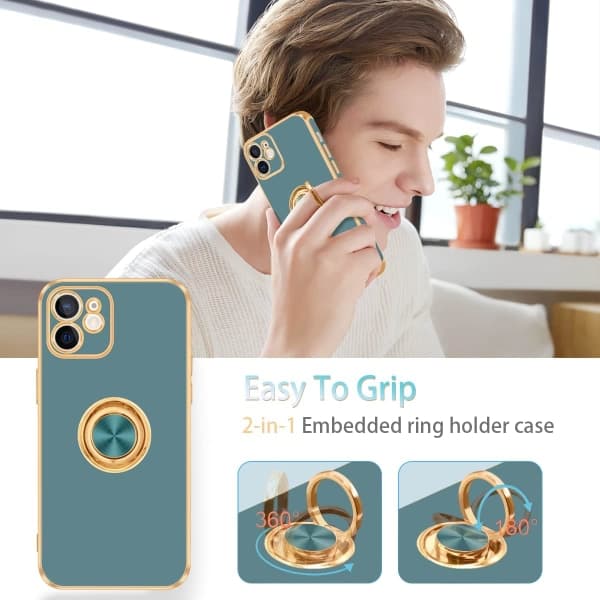 IC iPhone 12-etui, iPhone 12-etui med ringstativ, [360° roterbar ringholder magnetisk stativ], grå/gull
