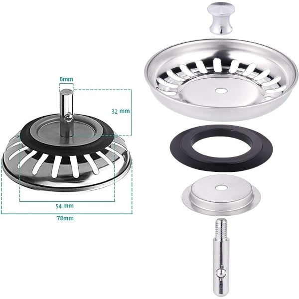 IC Vaskplugg 78 mm, Universal Vaskfilter, Universal Vask i Rustfritt Stål Plug-Sink Avløp/Vask-Kjøkkenvask Sil