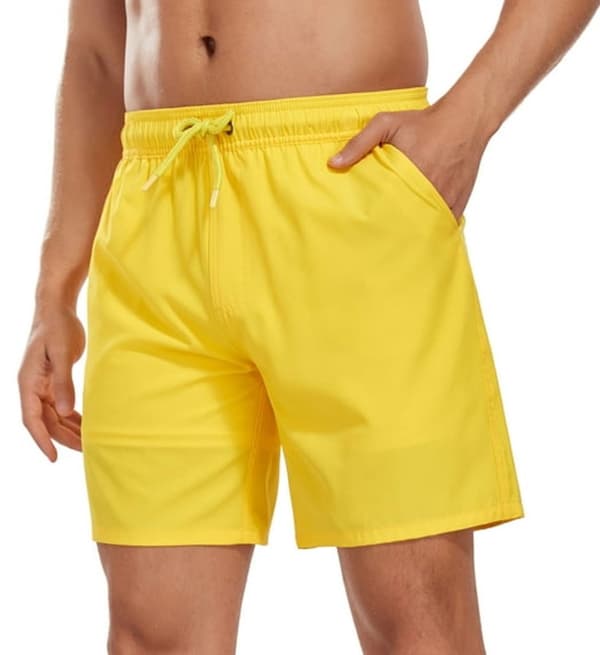 Badshorts för herrar med kompressionsfoder, snabbtorkande strandshorts, 18 cm innersöm, elastisk midja med dragsko, meshfickor, gul XL