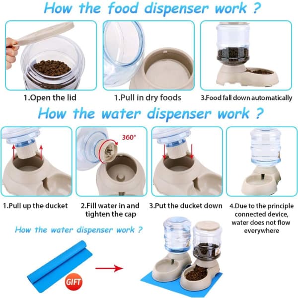 IC Kibble mad- og vattendispenser, automatisk drikkefontæne, drikkebeholder og foderautomat til kat/hund/kæledyr 3,8L x 2 stk. og fodermåtte