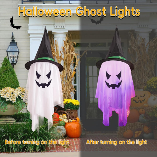 IC Halloween Hängande Glödande Spöklik Häxhatt Spöklika Ljus Inomhus Utomhusdekoration Gräsmatta Trädgårdsfest (Spooky-2 Delar-Lila+Vit)