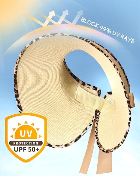 Solskydd för kvinnor - Bredbrättad stråhatt - UPF 50+ - Vikbar - Beige Leopardmönster