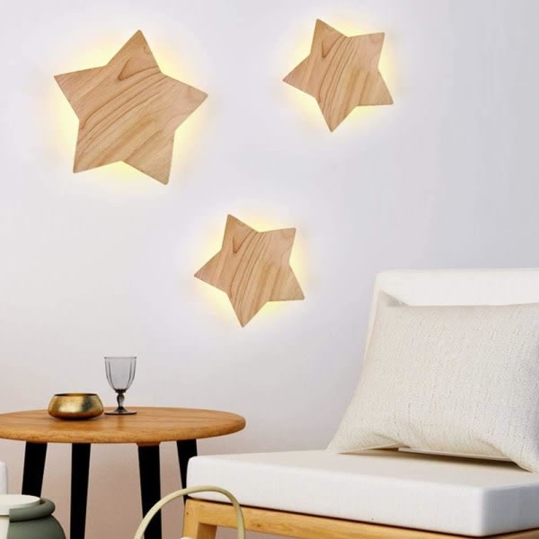 IC LED Wood Star Vägglampa Modern Creative Cartoon Vägglampa Nattljus Sänglampor for Baby Kids Sovrum Living