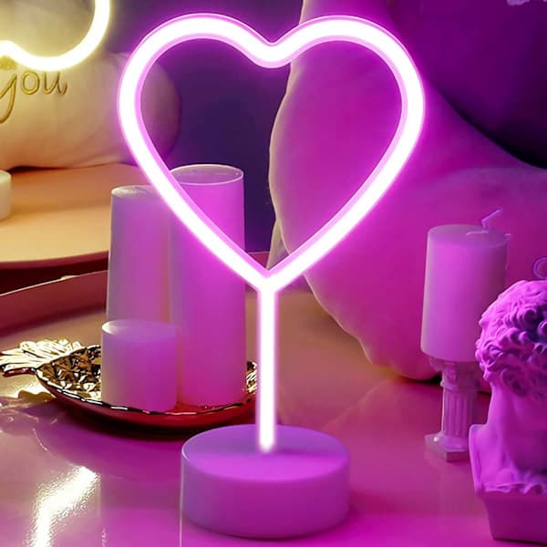 Hjärta LED Neonljus USB- eller Batteridriven Silikon ABS Bordslampa för Sovrum Bröllopsfest Dekor Rosa