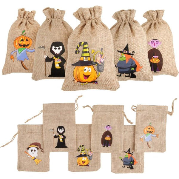 IC 48 stk Halloween jutepose gaveposer, slikposer med snøre til børn Halloween Party Favor