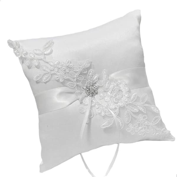 Ringkudde för bröllop, vit spetsblomma med strass och satinrosett, 18 cm ringkudde för bröllopsdekoration