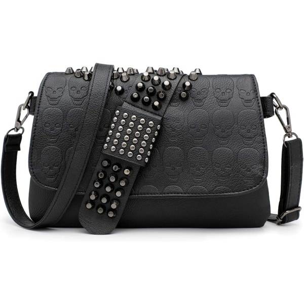 IC Gothic Skull Nit Dubbad Crossbody-väska för damer PU-läder Messenger-axelväska Armbandsväska Plånboksväska