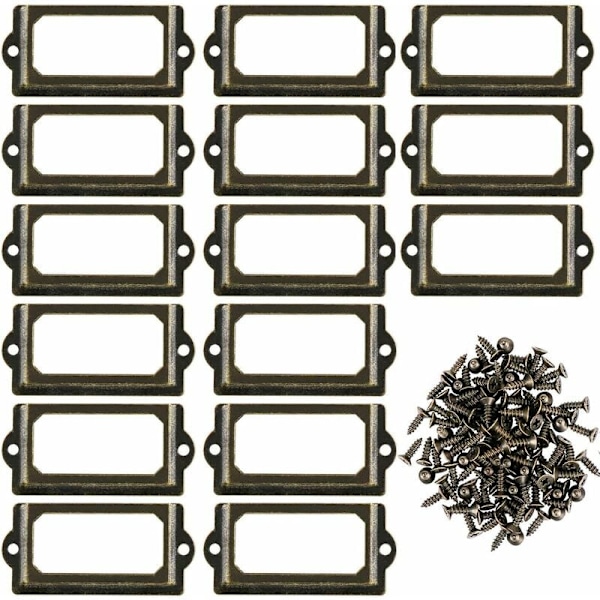 15 st Metall Etiketthållare med Skruvar för Skrivbord, Bokhylla, Hylla, Brons, Storlek 70 x 33mm