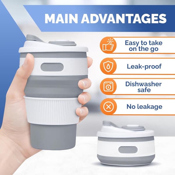 delar - 350ml - Blå - Hopfällbar - resemugg - silikon - Campingmugg - silikonmugg - mugg - med - lock