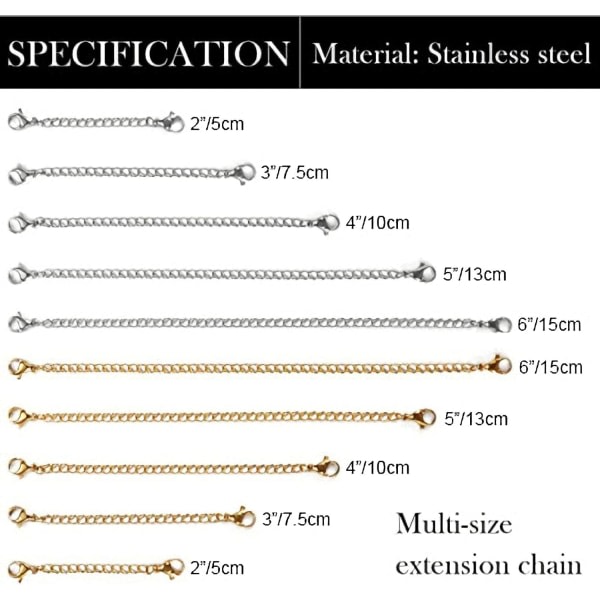 IC Halsbandsforlengere, 10 stk Rustfritt Stål Halsband Kjede Halsbandsforlengere Gull Sølv For Smykkeproduksjon