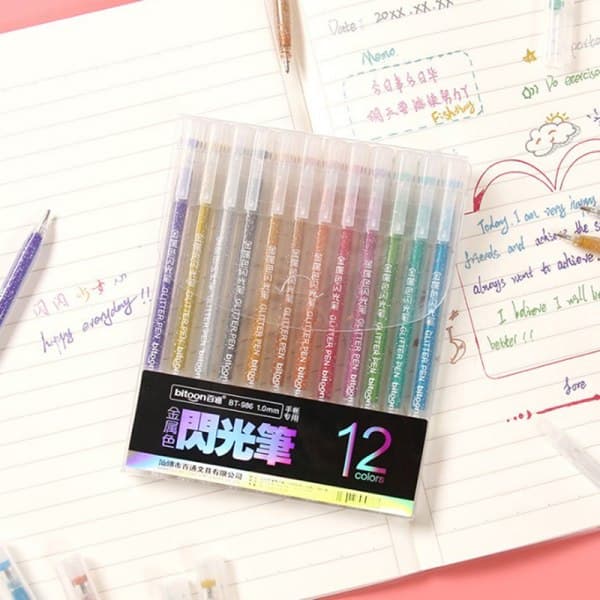 12 farver/sæt Metallic Glitter Pen Tegning Pastell Højlys