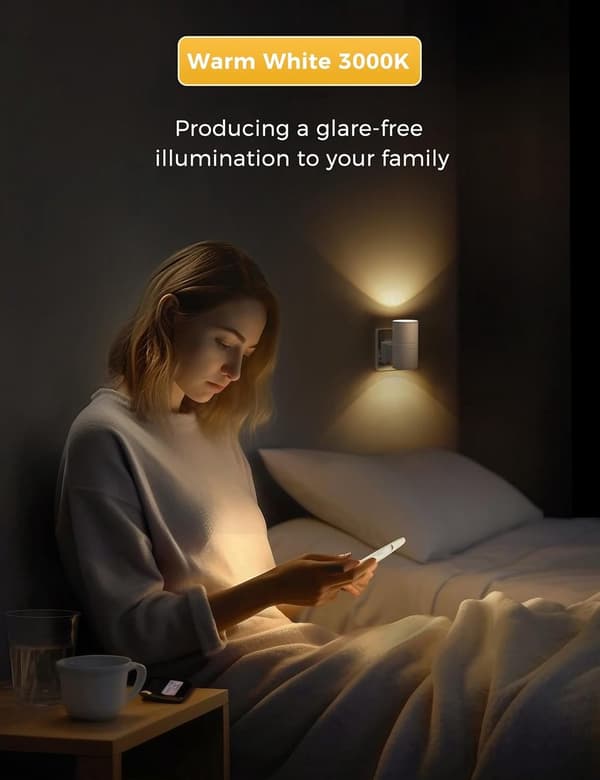 Plug-in nattlys, dimbar LED med skumring-til-daggry-sensor, 3000K varmhvit, for soverom, bad, barnerom, hvit 2-pakning