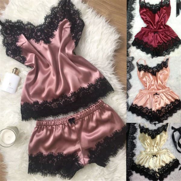 2-delt Sexy Sateng Undertøy Blonder Søvnsett VINRØD S