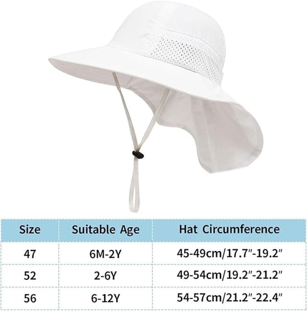 Solhatt för barn UPF 50+ med nackskydd, bredbrättad ventilerande nylonhatt med hakrem för strandlek, vit, 52-56 cm