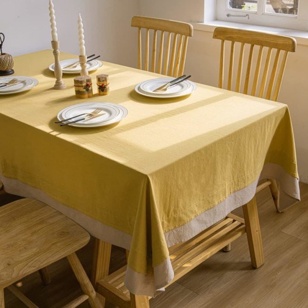 Duk i bomullslinne gul 56 x 70 tommer, rektangulær duk gul og beige patchworkduk