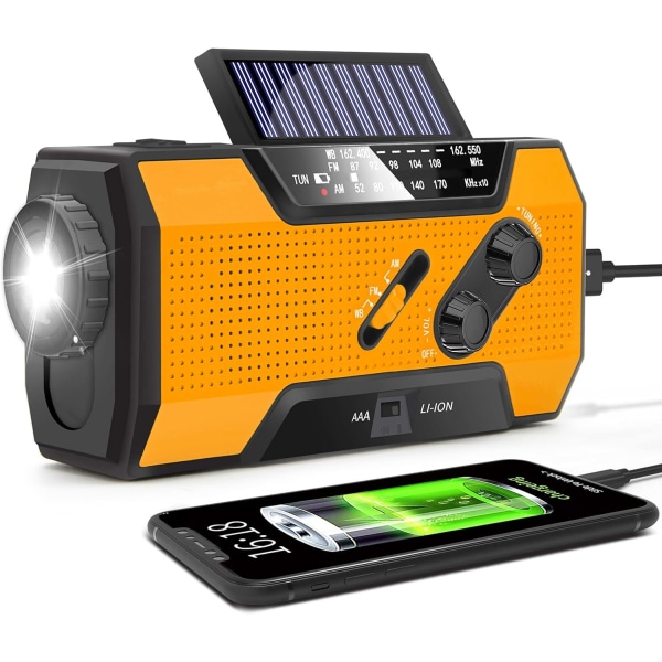 Solpaneler Håndsvinget FM AM NOAA Radio Bærbar Lommelygte Bordlampe Mobiltelefon USB Oplader Powerbank Udendørs LED Lys, 2000mAh Orange