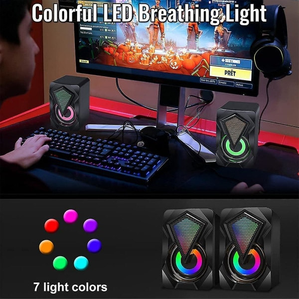 Mini PC-högtalare, RGB-dator, USB 2.0 Gaming Stereo System Volymkontroll Med LED-ljus 3,5 mm