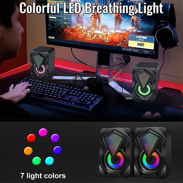 Mini PC-høyttalere, RGB-datamaskin, USB 2.0 Gaming Stereo System Volumkontroll Med LED-lys 3,5 mm