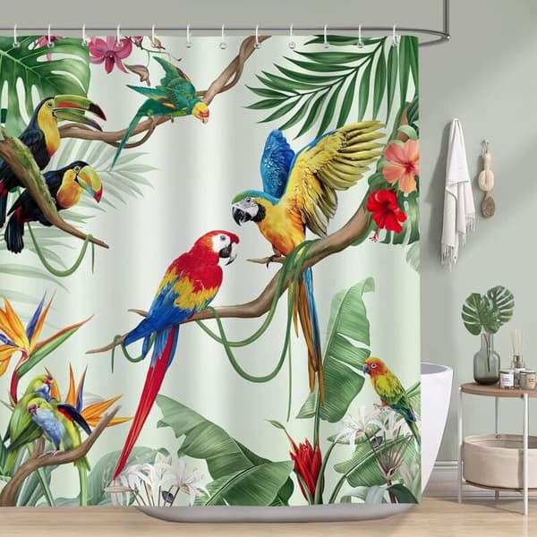 Duschdraperi med papegojor, tropiska fåglar, gröna blad, vattentätt, mögelresistent polyester 180x180 cm med 12 krokar för badrum