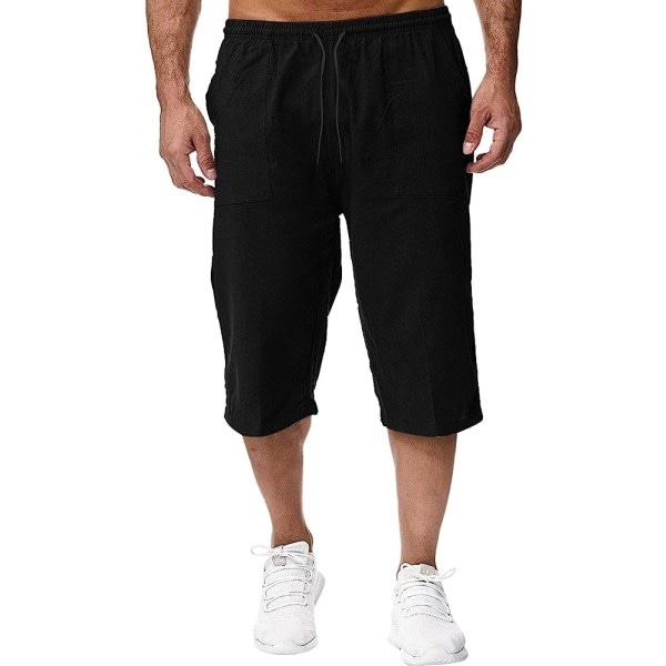 IC Herr 3/4 Linne Capri-byxor Elastisk Midja Casual Lös Baggy Harem Byxor Sommar Strand Yoga Shorts Cropped ByxorM