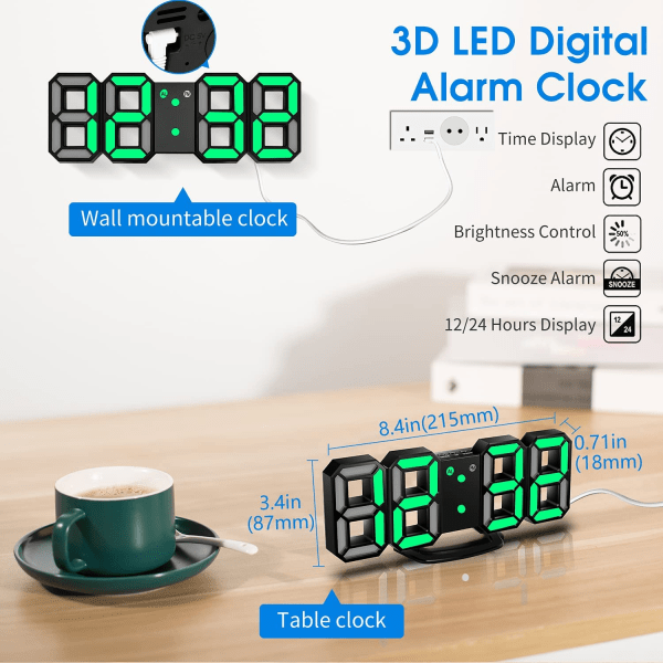 IC 3D LED digital vækkeur, vægur, 3D LED vækkeur, grøn