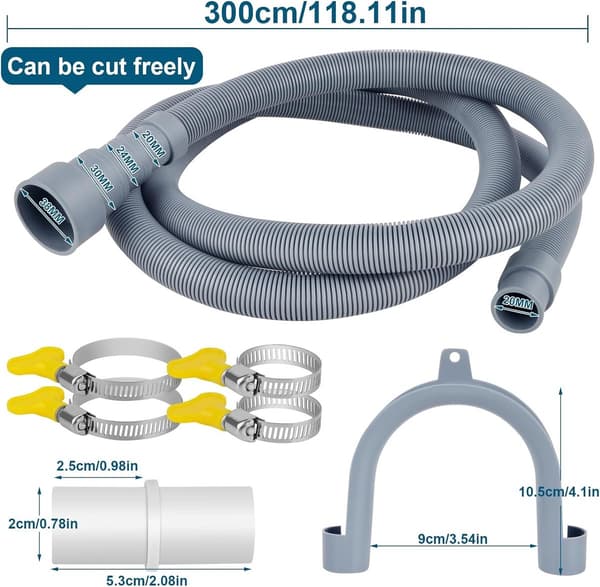 Förlängningssats för tvättmaskins avloppsslang 3 M Universal avloppsslang med adapter Rostfria klämmor U-formad hållare Klippbar Grå