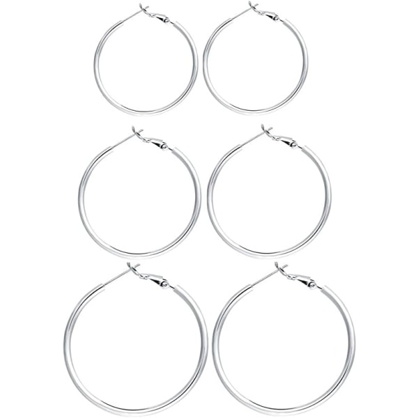 IC 3 par Sterling Silver Post Hoop örhängen (40/50/60MM) silver