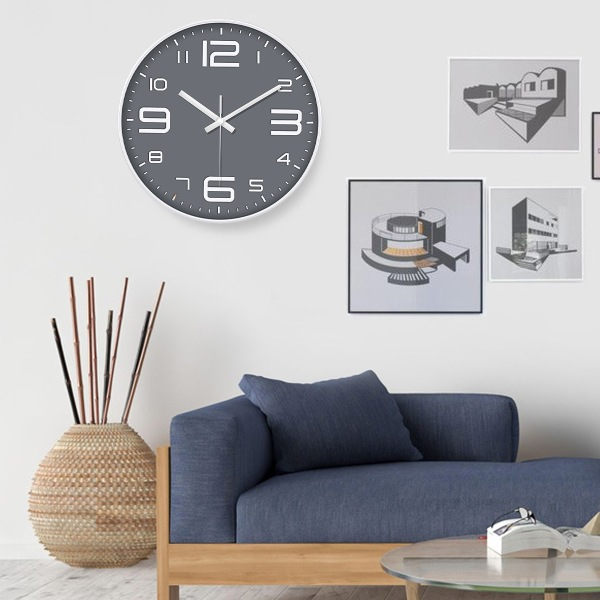 IC Väggklocka 12 tum stilren modern tyst, icke-tickande kvarts Grey+White
