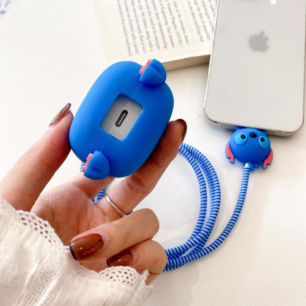 IC 3D Söt Cartoon Fodral för Apple 20W USB-C Ström iPhone 20W Snabbladdningskabel Laddningshuvud Skyddande (Blå Söm)