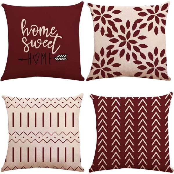 IC Vinröda kuddfodral 18x18 set med 4, modernt överdrag för soffa, dekorativt fodral i linnetyg för utomhusbruk (vinrött, 18x18, set med 4)