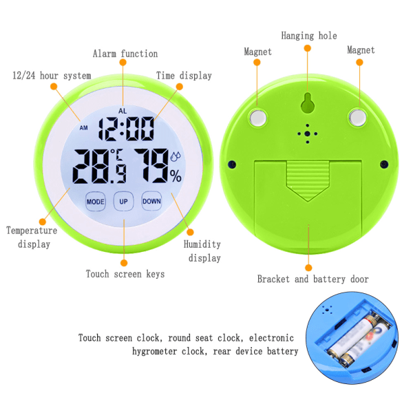 IG Pekskärms väckarklocka, rundsätesklocka elektronisk hygrometer grön
