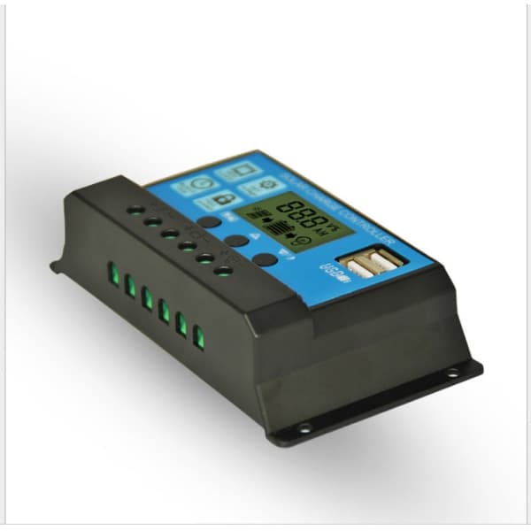 IC Ladningskontroll for solpaneler, 12V/24V, 30A, LCD-skjerm, doble USB-porter