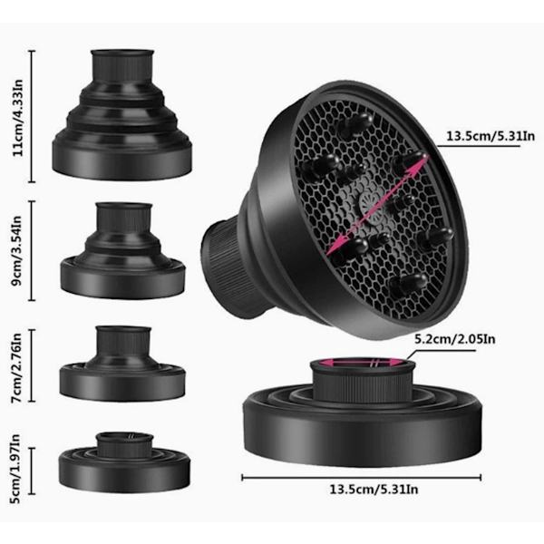 Universal hårtørrer diffuser tilbehør, foldbart varmebestandigt silikone bikube design til krøllet hårstyling, passer til 1,6 til 2 tommer dyser, lilla