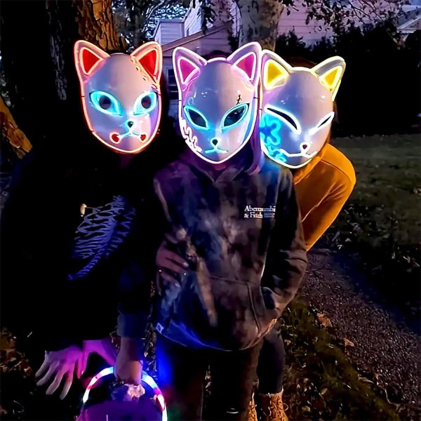 SINSEN Demon Slayer Fox Mask LED Cosplay Cat Mask Japansk anime Halloween kostyme rekvisita for barn Voksne 3 Pcs