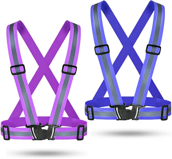 2-pack hög synlighet reflekterande säkerhetsvästar, justerbar löparutrustning för promenader, cykling, jogging och nattträning, blå och lila