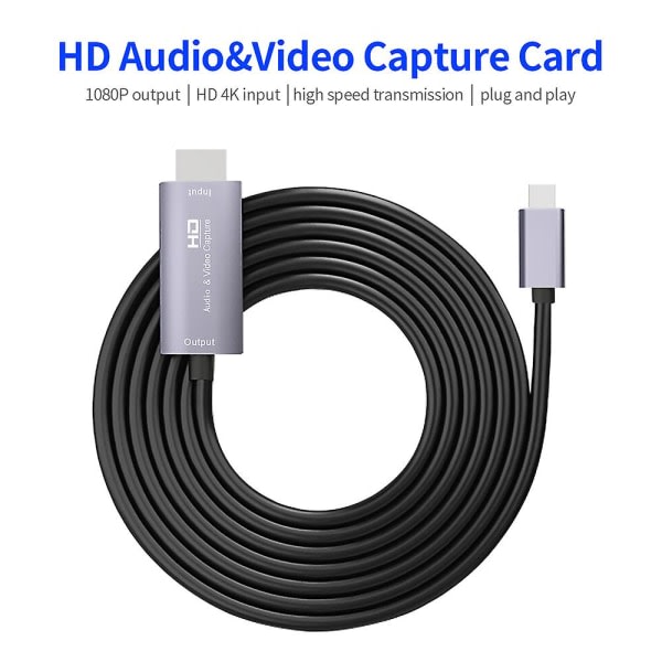 HD Audio & Video Capture Card 4k Input Full HD 1080p Output Type-c Capture Puhelin/dator Spel Live Plug and Play Grå Svart