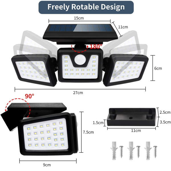 IC Solcellelys, 3-hodet bevegelseslys utendørs med justerbare 74LED Flood Motion Sensor Lights Spotlights