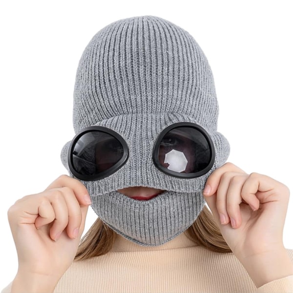 Unisex Goggle Stickad Beanie Hat Outdoor Winter Warm Ski Hat med Goggle Grey