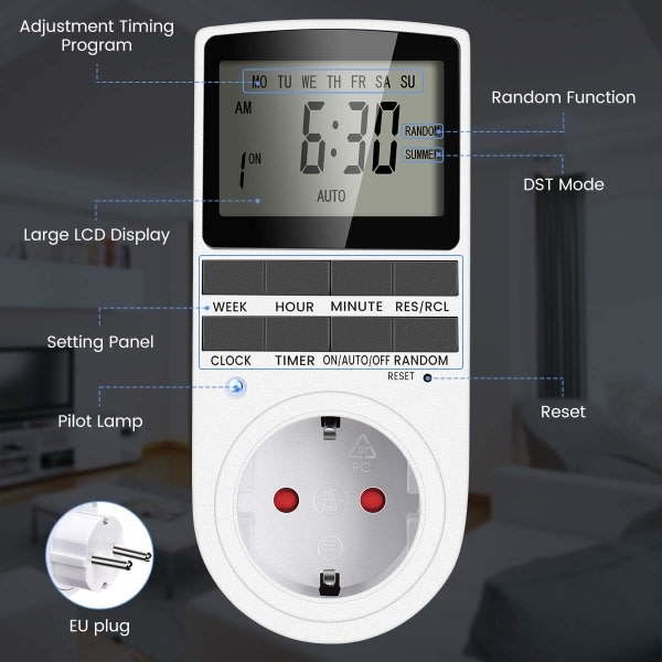 IC Digital timer 16A / 3680W Stikkontakt 16 konfigurerbar