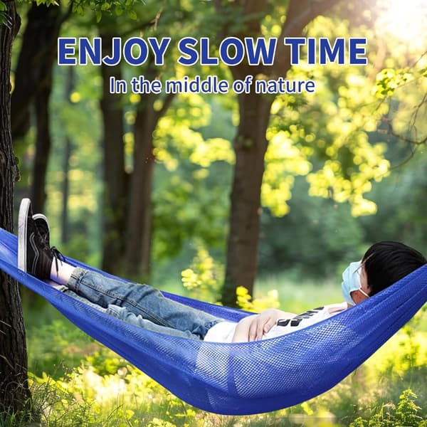 Enkeltpersoners Net Hængekøje, Åndbar Polyester, Rivefast, Til Camping, Have Og Terrasse, Blå, 255 x 130 cm