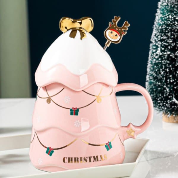 Set med mugglock och sked 500 ml keramisk mugg för glögg, kaffe, kakao, julmugg, present