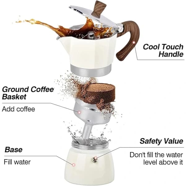 Mokabryggare Espressomaskin Premium Aluminium Manuell Spishäll Kaffebryggare för Hem Camping 3 Koppar 150ml Vit