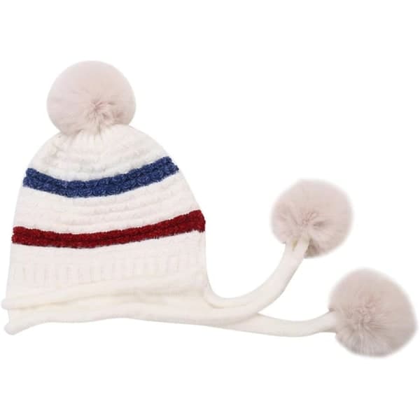 IC Stickad mössa med peruansk pompom, öronlappar, vintermössa för kvinnor (Vit)